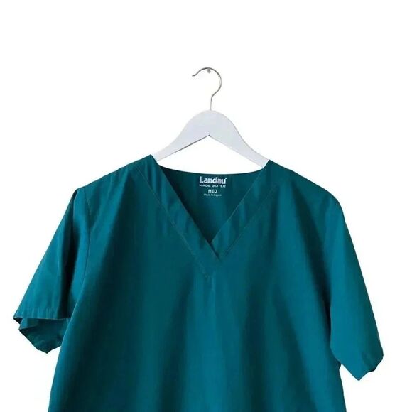 Landau Green V Neck Cotton Unisex Short Sleeves Scrub Top SZ M - Picture 3 of 11